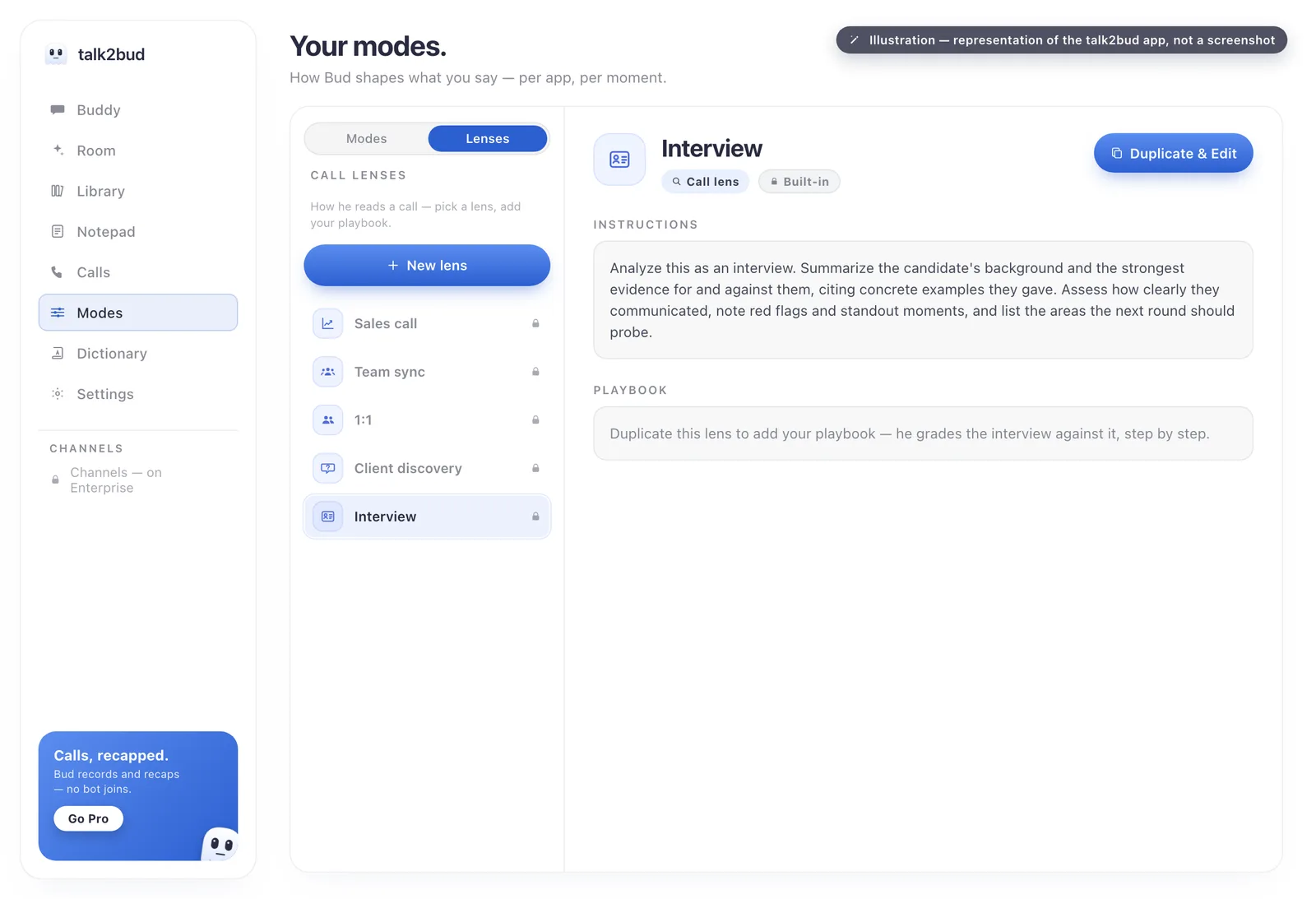 The talk2bud Modes screen with the built-in Interview lens selected, showing its instructions and a prompt to import your own playbook.