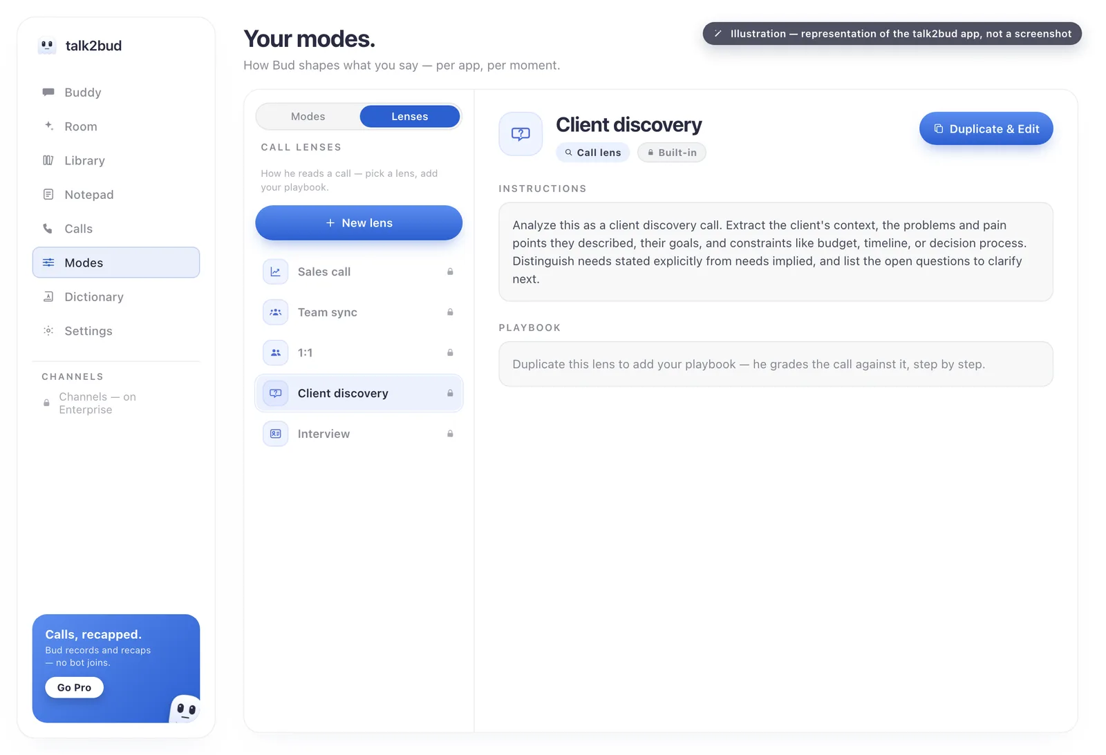 Client discovery is one of talk2bud's built-in research Lenses; you can duplicate it and paste in this rubric as its playbook. The Lenses page in the talk2bud Mac app, showing built-in research Lenses including Client discovery and Interview, with the read pane and a prompt to add your own playbook.